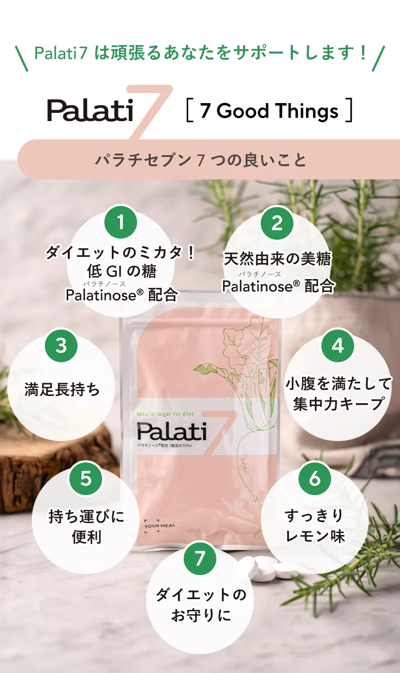 Palati7は頑張るあなたをサポートします！Palati7[7 Good Things]ダイエットのミカタ！低GIの糖Palatinose®（パラチノース）配合／天然由来の美糖Palatinose®（パラチノース）配合／満足長持ち／小腹を満たして集中力キープ／持ち運びに便利／すっきりレモン味／ダイエットのお守りに